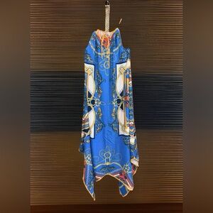 Jealous Tomato Blue & Gold Handkerchief Dress w/Accent Gold Braided Belt-S-EUC